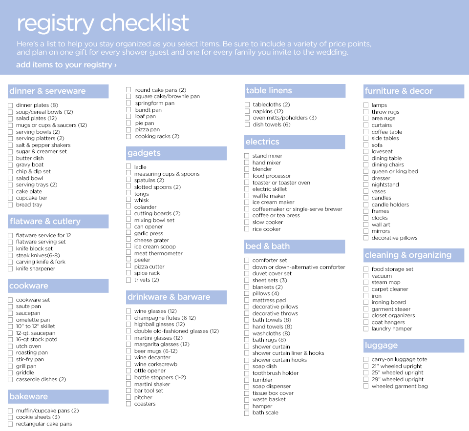Registry Checklist For Wedding